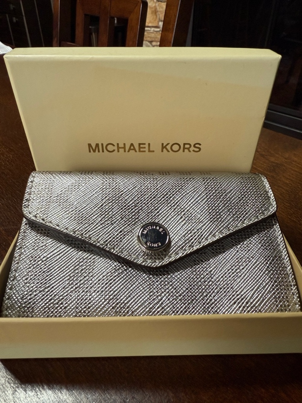 Michael Kors Silver Textured Envelope Wallet with MK Logo Snap